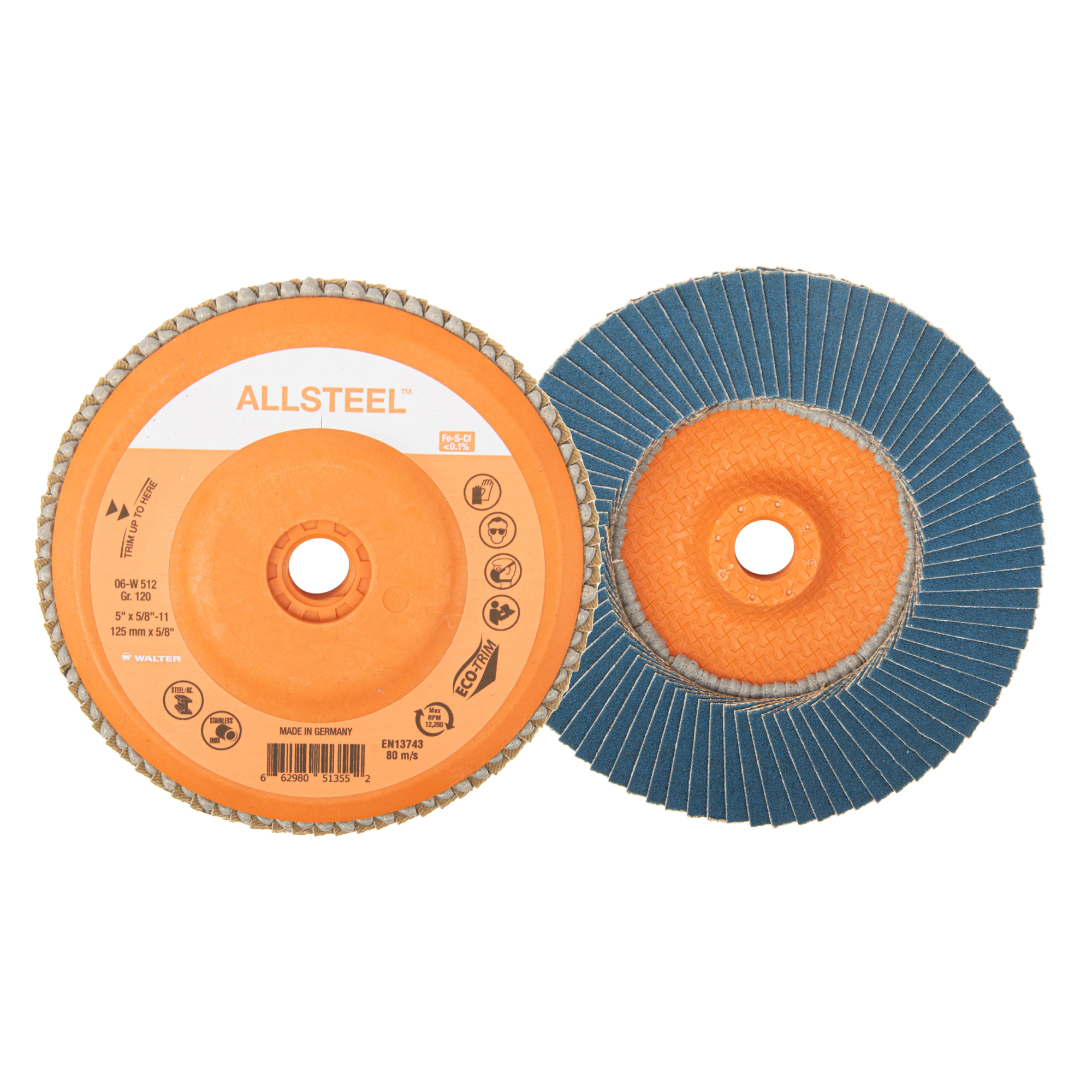 Walter Allsteel Spin-On Flap Discs — 5in., GR120, ECO-Trim Backing, 10 Pk., Model# 06W512